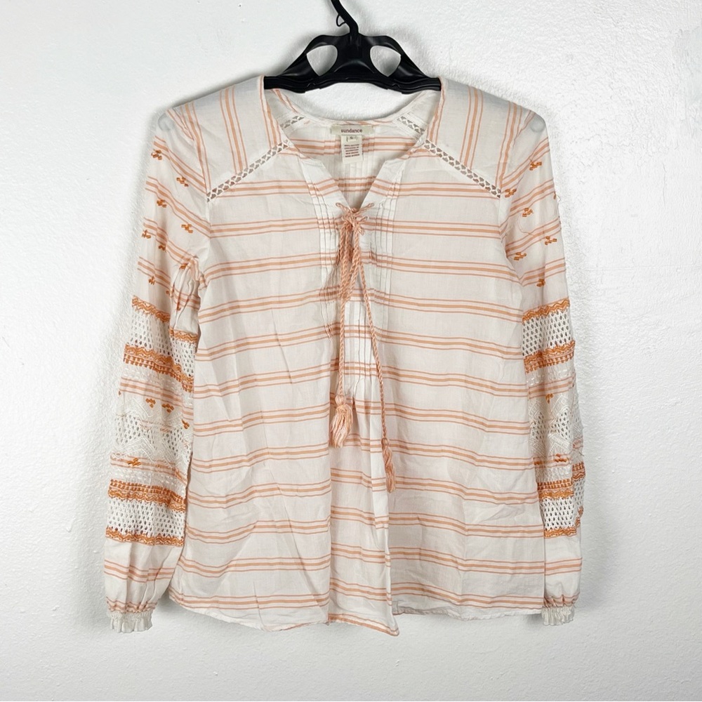 SUNDANCE Striped Tassel Tie Closure Long Sleeves Let Thrift Blouse, Size Small